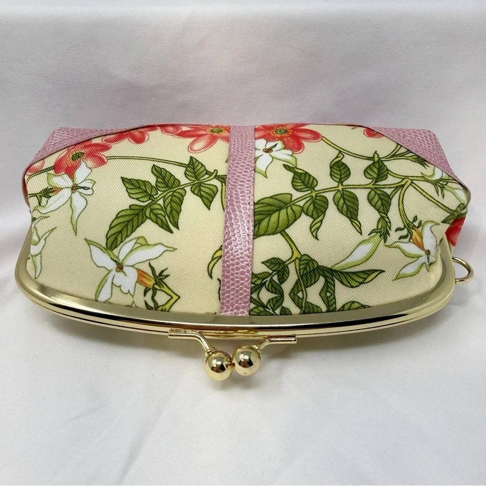 Joan Rivers Beauty Floral Kiss Lock Clutch Pink Gold Frame Evening Makeup Bag